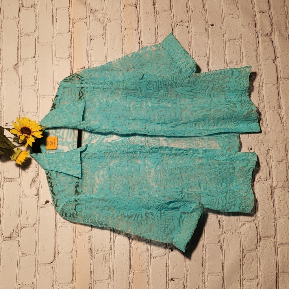 Ruby Rd. blouse/jacket 3/4 sleeve sheer turquoise Sz S